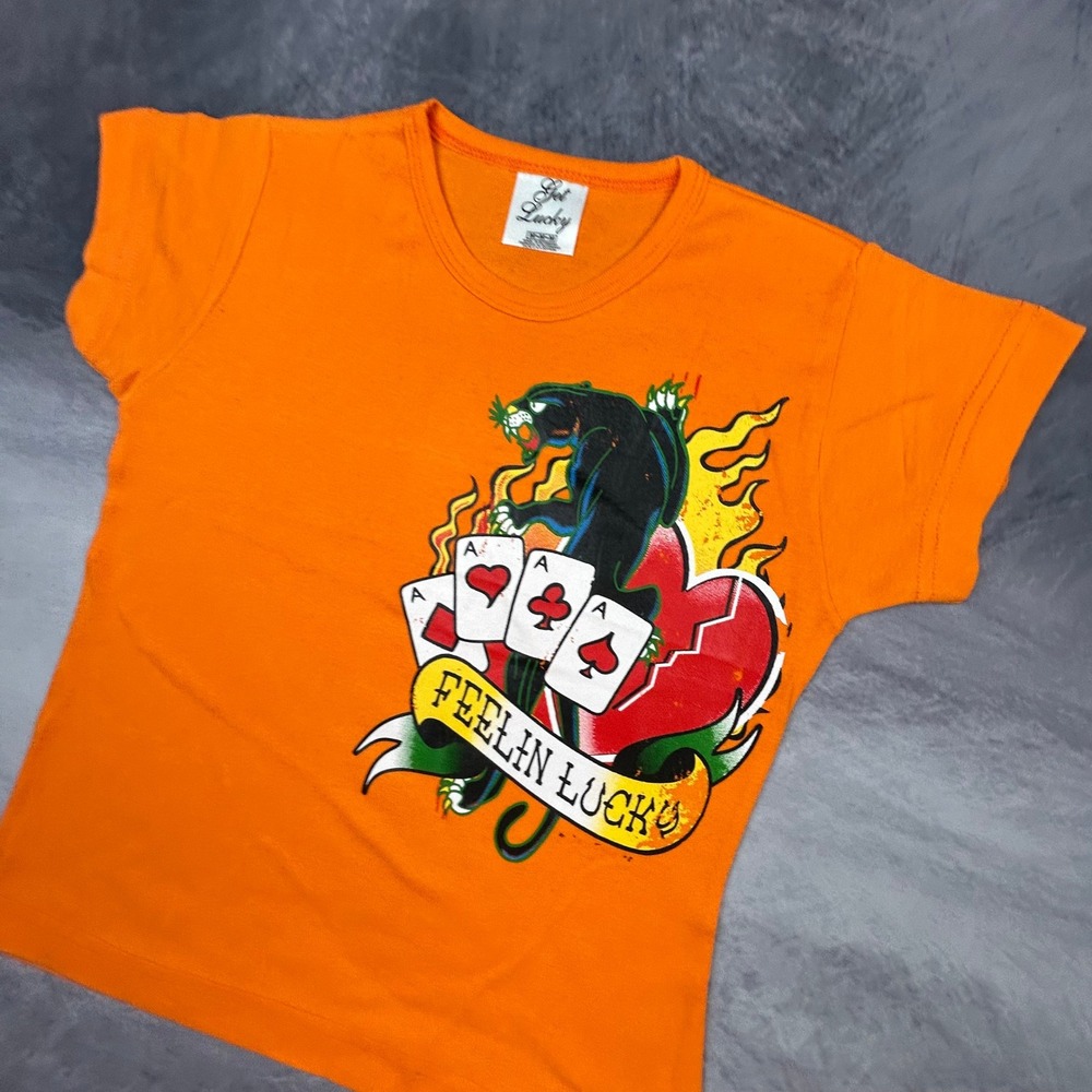 Get Lucky Orange Panther Graphic T-Shirt Y2K Slim Fit Baby Tee Mens Medium - Picture 4 of 7